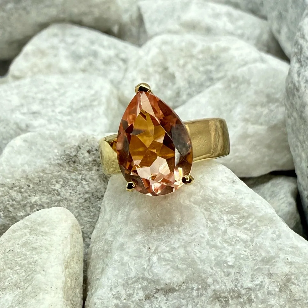 NWT Morganique Quartz 5.35ct Pear Solitaire Ring 18K Vermeil YG over 925 Size 6 - Picture 1 of 17
